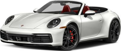 White convertible sports car front view with black alloy wheels and red brake calipers