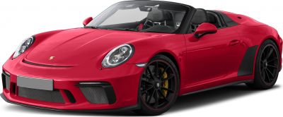 Front view of an open roof roadster with black alloy wheels and carbon fiber accents