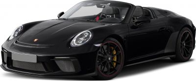 Convertible sports car front-side view with exposed interior and black wheels