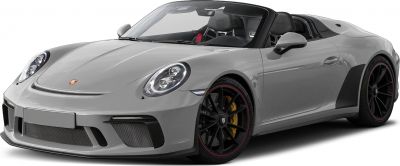 Convertible Porsche 911 Speedster front angle with black wheels and open roof