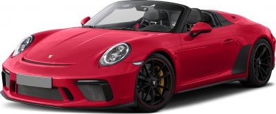 Red convertible sports car with aerodynamic front and black alloy wheels