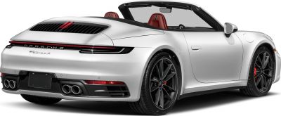 Rear-side view of convertible sports car with dual exhaust and red interior