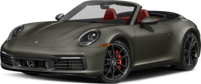 Front angle of a sleek convertible with black wheels and red leather seats