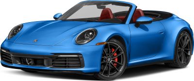 Front view of blue convertible with red seats and sporty wheels