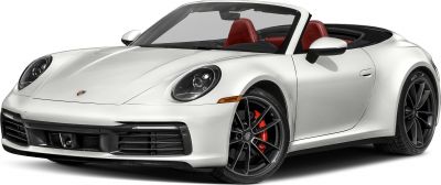 Convertible sports car with sleek headlights and red interior