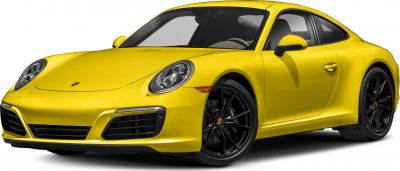 Front angle view of yellow sports coupe with prominent headlights and black wheels