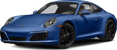 Front angled view of a blue sports coupe with black alloy wheels.