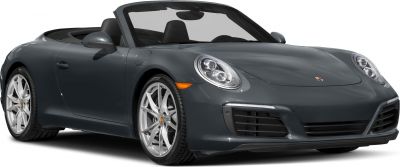 Front view of a sleek convertible with prominent alloy wheels and aerodynamic design