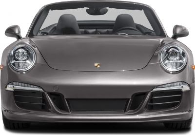 Front view with round headlights and grille of a convertible sports vehicle