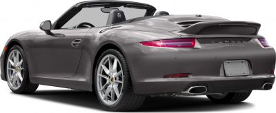 Rear-side view of convertible sports car with spoiler and dual exhausts