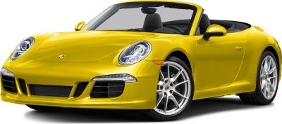 Yellow convertible sports car front view with alloy wheels and distinctive headlights
