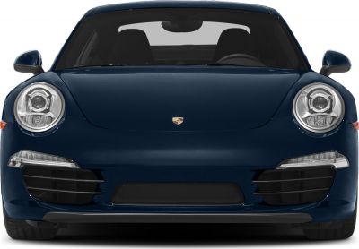 Front view with round headlights and grille of luxury sports coupe