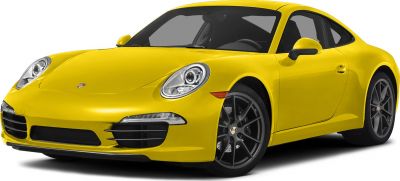 Yellow sports coupe front view with headlights and alloy wheels