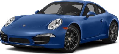Front and side view of a blue sports coupe with distinct headlights and alloy wheels