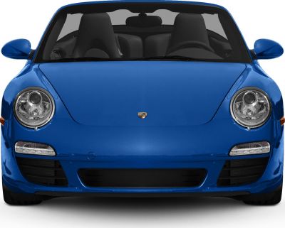 Front close-up of blue convertible with distinctive round headlights and badge