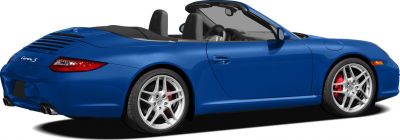 Rear side view of blue convertible sports car with alloy wheels and dual exhaust