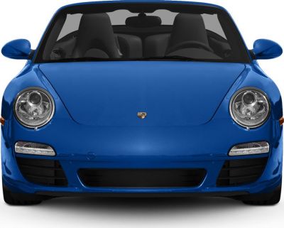 Front view with round headlights and sleek blue body