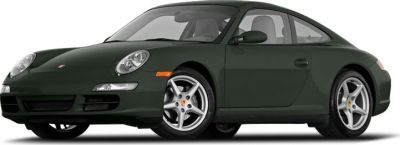 Front and side view of a sleek sports coupe with silver wheels