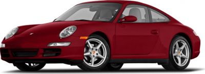 Front angled view of red sports coupe with iconic headlights and five-spoke wheels