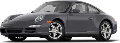 Front side view of a dark gray sporty coupe with alloy wheels.