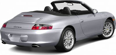 Rear and side view of a silver convertible with dual exhaust and alloy wheels.