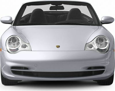 Front view of convertible with distinctive headlights and open top