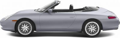 Silver convertible with classic alloy wheels, side profile