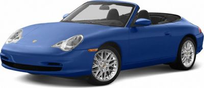 Blue convertible with open roof, distinctive headlights, and alloy wheels