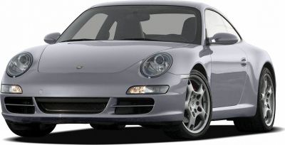 Sporty coupe front view with oval headlights and alloy wheels.