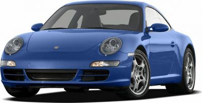 Front view of blue coupe with rounded headlights and alloy wheels