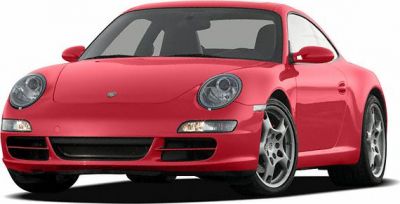 Red sports coupe front view with rounded headlights and alloy wheels