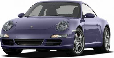 Front view of purple sports coupe with round headlights and aerodynamic design