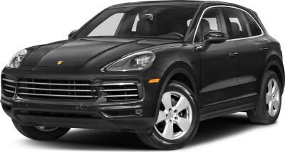 Front view of black SUV with sleek LED headlights and a prominent grille