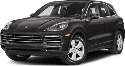 Front and side view of a sleek SUV with distinctive headlights and grille