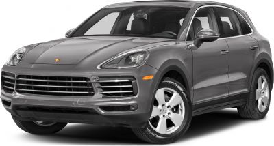 Front side view of gray luxury SUV with sleek design and chrome mirrors