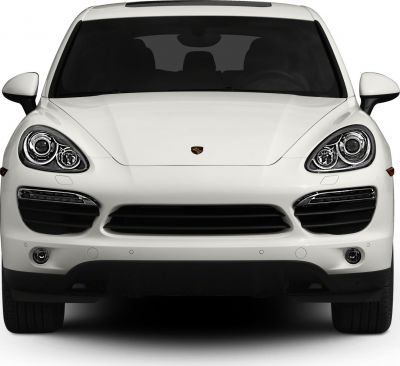 Prominent front view with distinctive headlights and wide grille