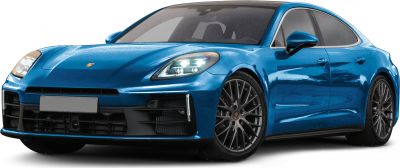 Front view of a sleek blue luxury sedan with LED headlights and aerodynamic design