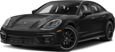 Front side view of a black luxury sedan with sleek headlights and multi-spoke wheels
