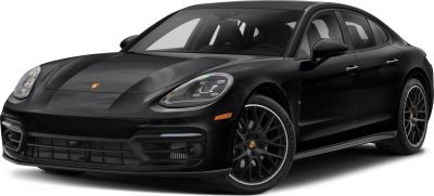 Front side view of sleek black luxury sedan with LED headlights and multi-spoke wheels