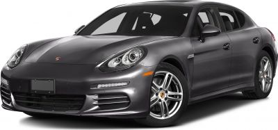 Front view of Porsche Panamera with prominent headlights and alloy wheels