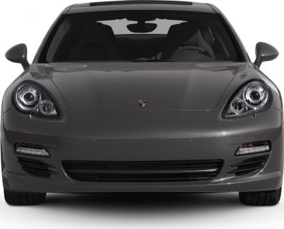 Front view with distinctive headlights and grille of a luxury sports sedan