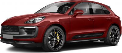Red SUV with black alloy wheels and yellow brake calipers from front-side angle