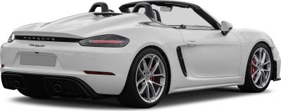 Rear and side view of a white convertible with sporty alloy wheels and dual exhausts