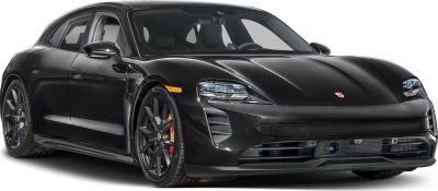 Front view of a sleek vehicle with LED headlights and aerodynamic design.