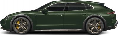 Side view of sporty electric estate with large alloy wheels and sleek aerodynamic body.