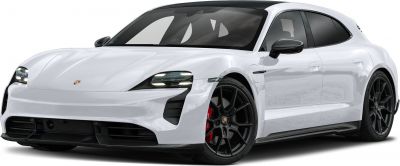 White electric sedan with LED headlights, black alloy wheels front-side view