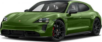 Green Porsche Taycan Sport Turismo with black wheels in front-side view