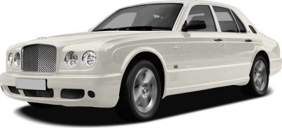 Front three-quarter view of luxury sedan with distinctive grille and round headlights