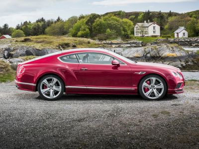 Side profile showing coupe shape and alloy wheels of a luxury grand tourer.