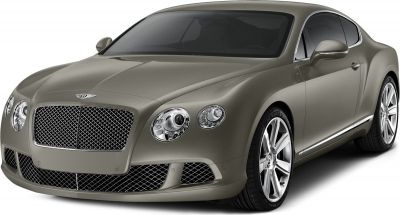 Front side view of a luxury coupe with Bentley grille and sleek body lines